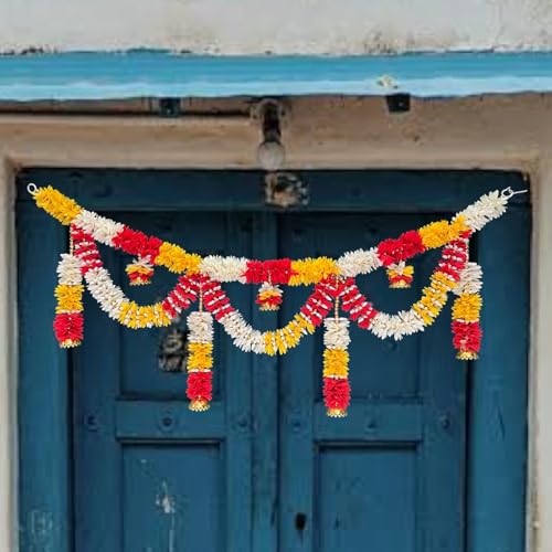 Image of iHandikart Handmade Beads Toran with Golden Beads, Bell Bowl & Gajra, Traditional Door Used for Home, Festive Decoration & Housewarming, Size 40x11 Inches (T0036)