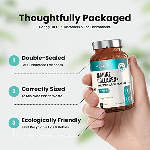 Marine Collagen Capsules 1000mg - 120 Capsules - 9 Powerful Skin Supporting Nutrients - Type 1 Hydrolysed Pure Marine Collagen with Hyaluronic Acid - Marine Collagen Supplement by VitaBright