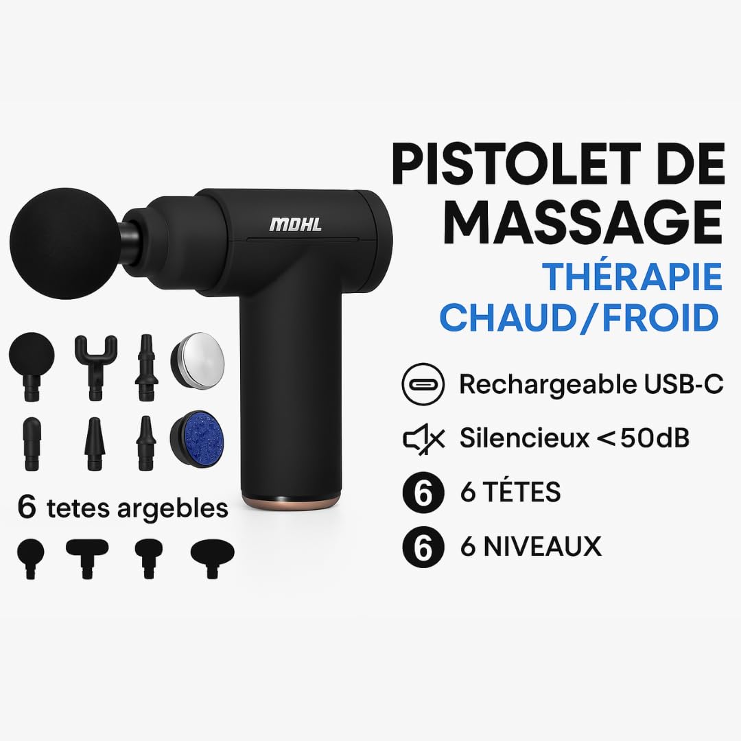 Mini Pistolet de Massage Musculaire Professionnel avec 6 Niveaux de Vitesse Appareil de Thérapie Portable avec 5 Têtes de Massage pour Récupération Sportive et Soulagement des Douleurs
