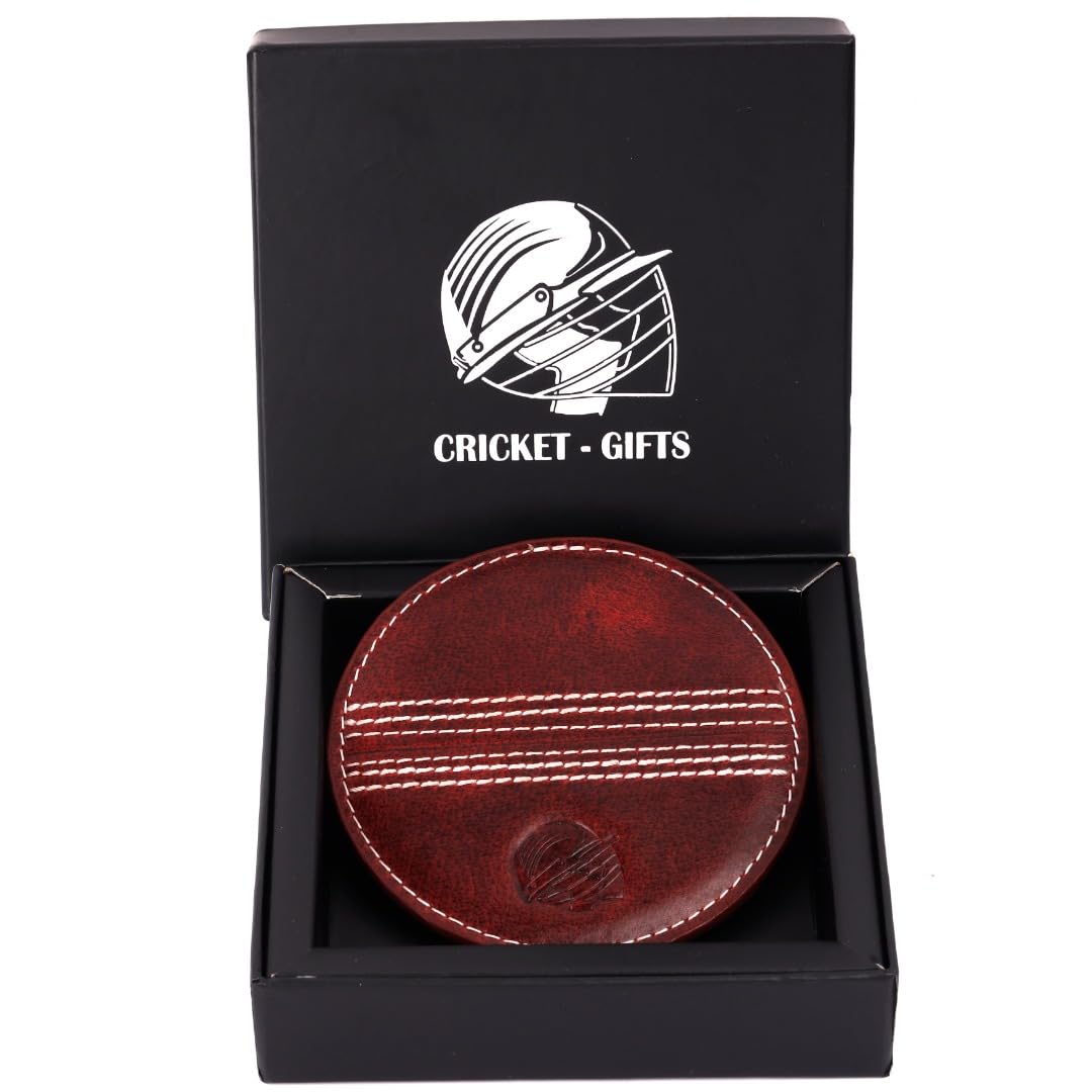 Cricket-Gifts Brown - Buffalo Leather Coaster | White Cricket Ball Stitching | Durable And Elegant Design | Ideal For Dining And Coffee Tables | Cricket Ball Coaster, Red, One Size