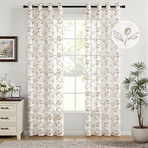 Woaboy Cortina Dormitorio Marrón Estampadas Flores Hojas Visillo Ventana Decorativo Tansparente Moderno para Salón Habitación 2 Piezas 140x225cm