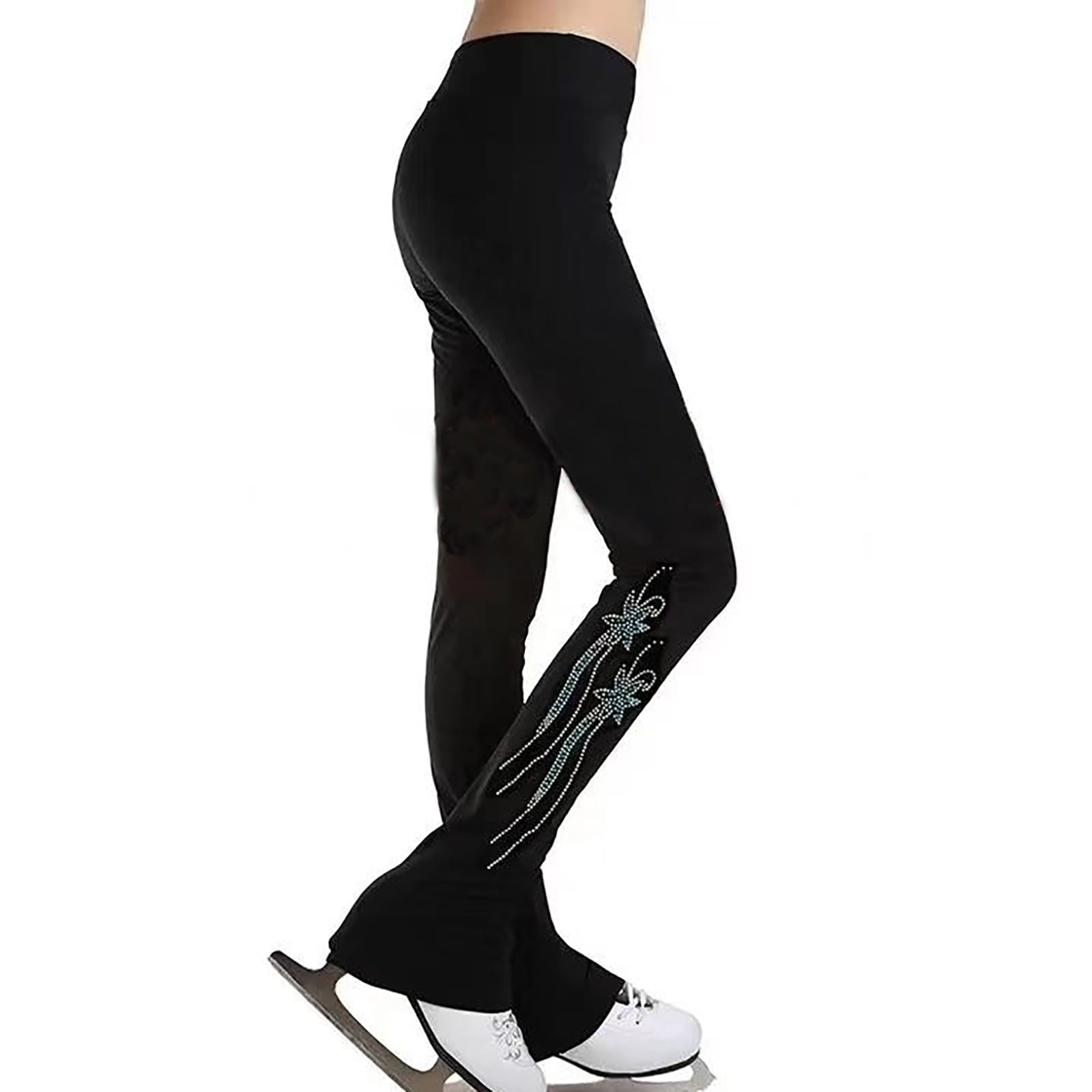 Pantaloni da Pattinaggio Artistico Leggings Sportivi Collant da Pattinaggio Leggings Activewear con Strass(Size:3XL,Color:Nero-Sottile)
