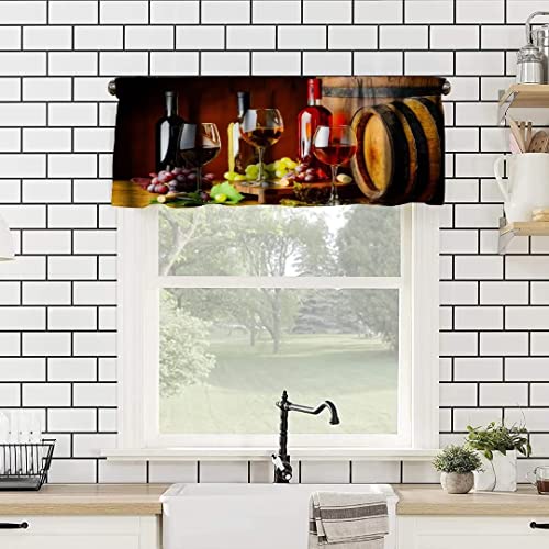 Wine Valance Curtain, Vintage Barrel Red Wine On Table Glasses Wine Grapes Windows Curtain Valance For Kitchen Dining Room Canteens Home Decor, One Panel 54X18In #TOP1