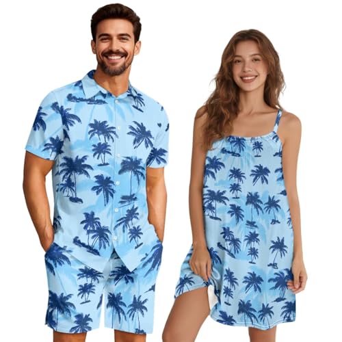 Belidome Palm Tree Romantic Matching Pajamas Set Couples Soft Couples Loungewear Shorts Set for Him and Nightdress for Her Couple Outfits Light Blue Navy Summer Clothes Spring Tops L