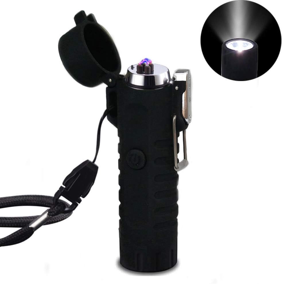 Waterproof Lighter,Arc Lighter Rechargeable USB Lighters Windproof Flameless Electric Lighter with Paratinder Lanyard and Emergency Whistle for Camping Hiking Outdoor Survival (F12-Black)