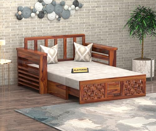 Image of Solid Wood Sofa Cum Bed for Living Room | Modern Wooden Pull-Out Diwan Bed with Cushioned Seating | Convertible 2 Seater Sofa Bed for Home & Guest Room (Honey Finish)