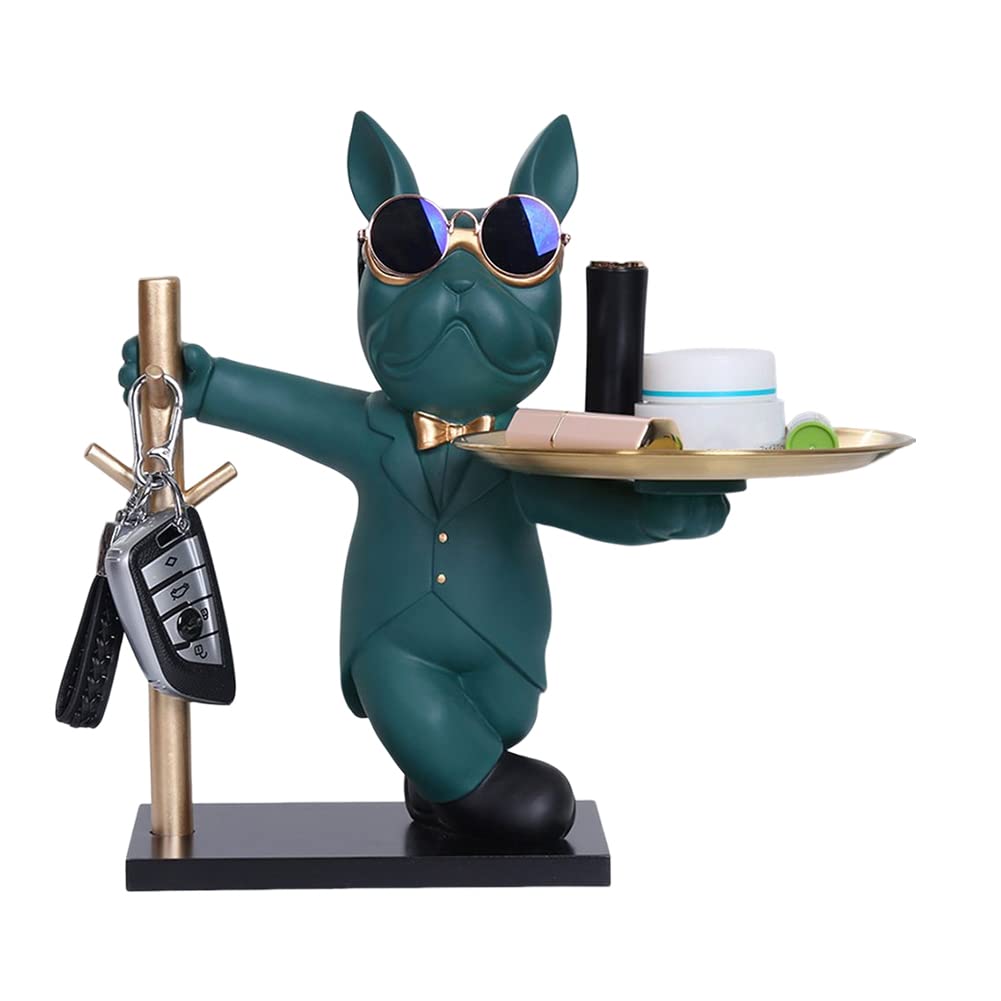 Statua Bulldog Vassoio, Design Svuotatasche Ingresso, Ciotola per Chiavi, Scultura Portaoggetti Ingresso (B-verde)