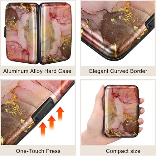 Image of ELFISH Mini RFID Aluminum Wallet Credit Cards Holder Business Card Case Metal ID Case for Men Women, Pink Grey Marble, small, Compact