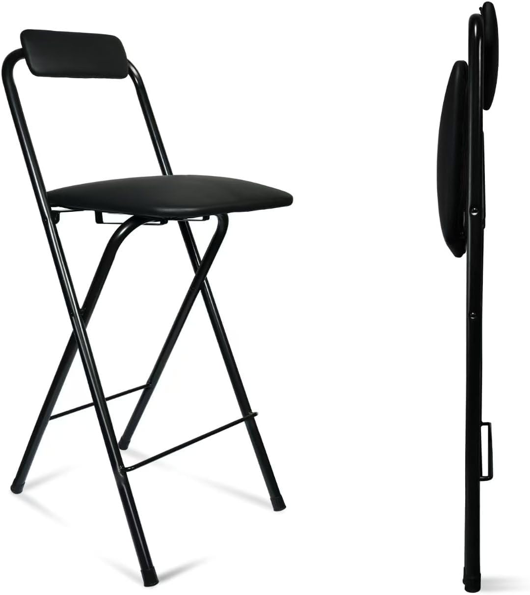 Folding Bar Stool with Back, Tall Foldable Stool Chair Portable Adult Collapsible Stools Counter Height Seat Leather Padded Kitchen Shop Cafe 1PCS 25.4 inch