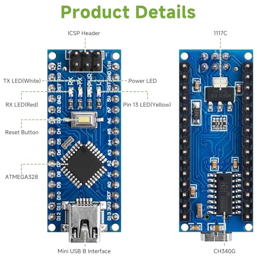 MakerFocus Pre-Soldered Nano V3.0 Board ATmega328P Microcontroller CH340 Chip 5V 16M with USB Cable Compatible with Arduino IDE(Mini USB B Port)