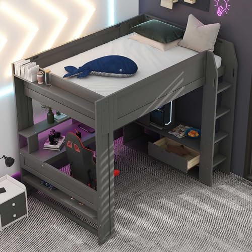 Polibi Full Size Gaming Loft Bed with Desk, LED and Charging Station, Wood Loft Bed Frame with Multi-storage Shelves, Dark Gray