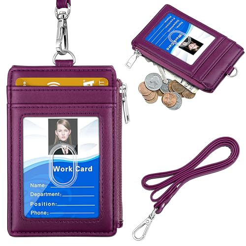 ELV Badge Holder with Zipper, PU Leather ID Badge Card Holder Wallet with 5 Card Slots, 1 Side RFID Blocking Pocket and 20 inch Neck Lanyard Strap for Offices ID, School ID, Driver Licence - Purple