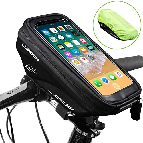 LUROON Bolsa Bicicleta Manillar, Bolso de Bici Impermeable con Ventana para Pantalla Táctil para Telefono Móvil, Bolsa para Cuadro Bicicleta para Teléfono Movil Dentro de 6,5 Pulgadas (Negro)