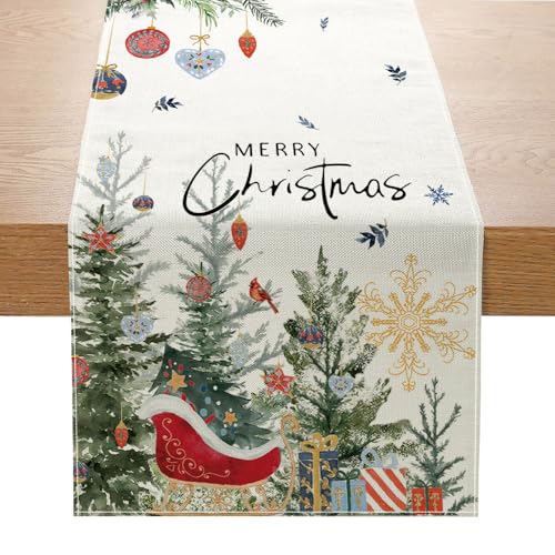 Christmas Table Runner Trees Snowflakes, 230 x 33 CM White Linen Christmas Table Runners with Christmas Tree Snowflakes Pattern, Christmas Dining Table Runner for Winter Holiday Christmas Decorations