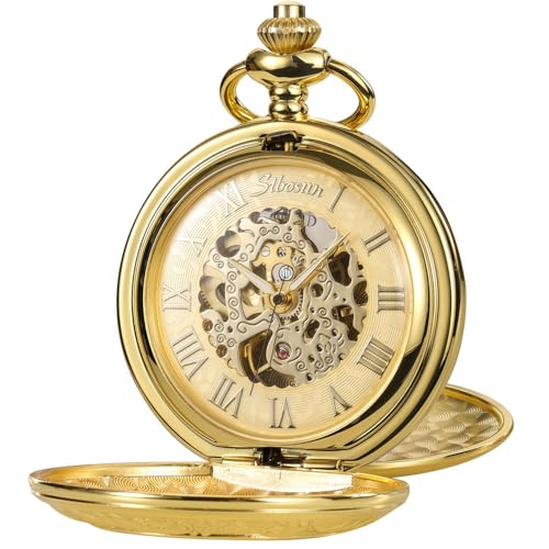 SIBOSUN Pocket Watch Mechanical Skeleton Steampunk Antique Pocket Watch with Chain and Box for Men Women Roman Numerals Dial, E. Gold, Mechanical