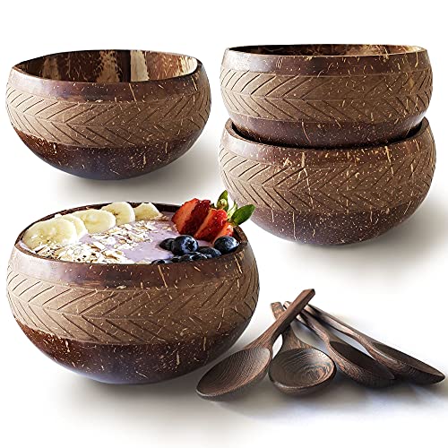 NAYOMI Coconut Bowls with Spoons - Unique, Hand-Carved Design Coconut Bowl Set of 4. Coconut bowls for smoothies Acai bowls Smoothie bowls and spoons Coconut smoothie bowls Buddha bowls