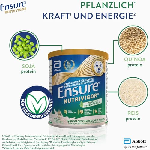 Ensure NutriVigor Plant Based 400g Mandelgeschmack Nahrungsergänzungsshake: Proteine, 27 Vitamine & Mineralstoffe, Vitamin C, Vitamin D, Zink und Magnesium – Für eine gesunde, ausgewogene Ernährung 4