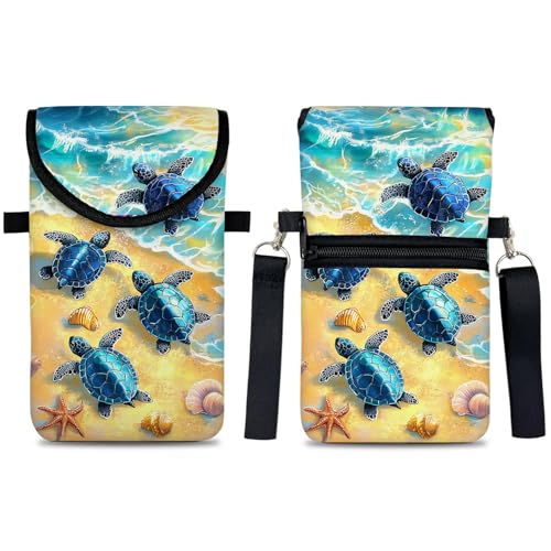 Image of Neoprene Cell Phone Sleeve Pouch Case Bag with Crossbody Strap Neck Lanyard for Women 7.5 X 4.3 in Turtle
