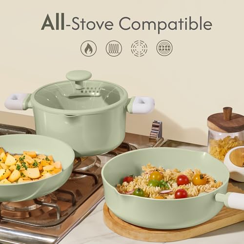 Image of CAROTE Pots and Pans Set Nonstick, Ceramic Cookware Set, Green Cooking Set Kitchen Induction Set with Steamer, PFAS PTFE Free,9 Piece