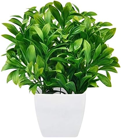 MARTINE MALL 10.3 Inches Faux Eucalyptus Plants Potted Artificial Plants in Pot Faux Plants Indoor Fake Potted Plants Fake Green Plant Bonsai with White Square Pot for Office Kitchen Table Home Decor