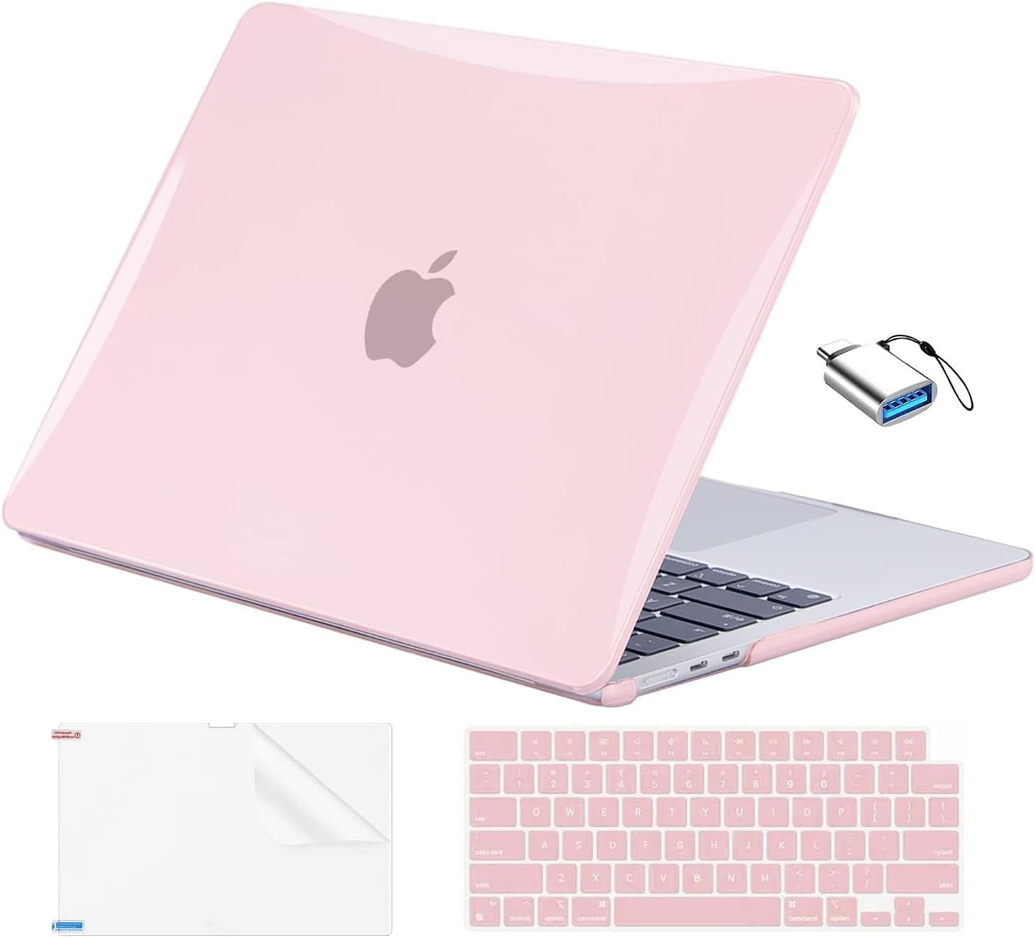 EooCoo Case Compatible with MacBook Air 13 inch M4 2025 2024 2023 2022 M3 M2 A3240 A3113 A2681, Pink Air 13.6″ Laptop Hard Shell Case + Keyboard Skin Cover + Screen Protector, Crystal Pink