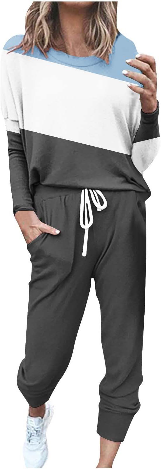 LastessoWorkout Sets for Women Fashion Color Block Lightweight Sporty Sweatsuits Crewneck Long Sleeve Tops Cozy Sweatpants
