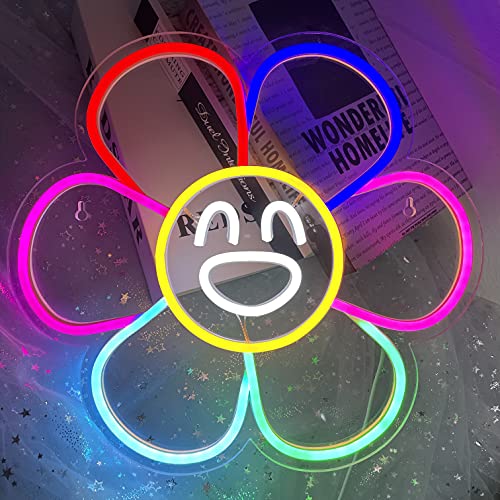 Smiley Face Sunflower Neon Sign Light LED Smiley Face Gifts Light Up Sign for Bedroom Wall Decor Neon Lights Wall Sign Smile Face Rainbow Flower LED Sign Party DÃ©cor Sign Lights (A. Rainbow Flower)