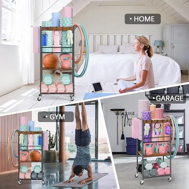 Home Gym Storage Rack, Yoga Mat Storage Racks, Workout Equipment Storage Organizer for Yoga Ball Dumbbell Kettlebells Foam Roller Resistance Bands, Exercise Shelf with Hooks and Wheels
