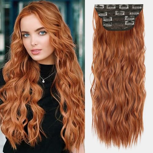 Copper Red Curly Clip In Hair Extensions for Women Synthetic Clip in Long Wavy Extension 20 Inch Double Weft 4PCS Hairpieces Full Head for Women Costume Party Valentines Day