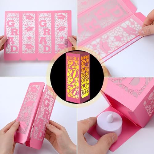 Image of Rossesay 6 Pcs Graduation Table Centerpieces Boxes Class of 2026 Graduation Lanterns for Centerpieces with LED Candles Congrats Grad School College Photo Props for Party Table Decoration (Pink)