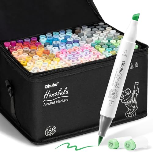 Image of Ohuhu Alcohol Markers Brush Tip - 168-color Art Marker Set Double Tipped Alcohol-based Markers for Artist Adults Coloring Illustration- Brush & Chisel - Honolulu - Refillable Ink