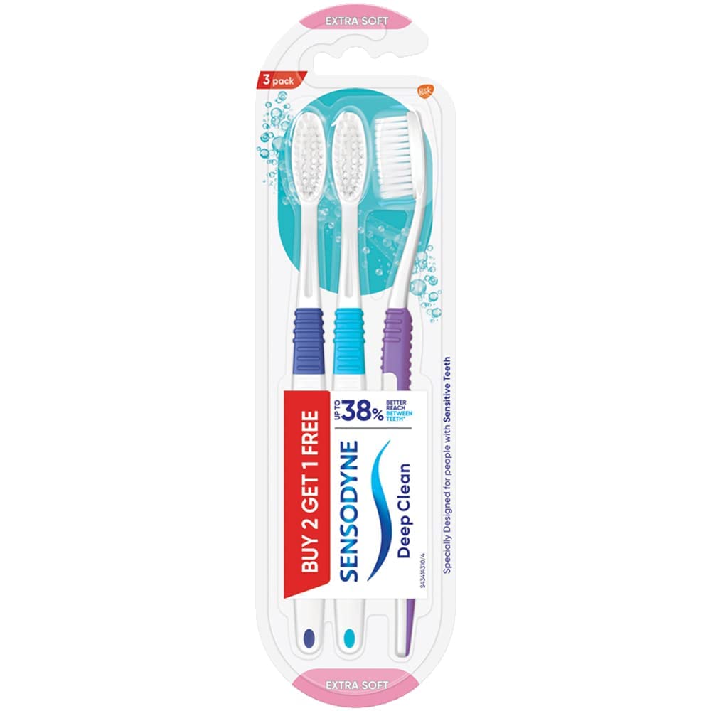 Sensodyne Deep Clean Toothbrush | Extra Soft Bristles Tooth Brush | Effective Cleaning, Gentle on Teeth, Toothbrush Set Pack of 3 (Buy 2 Get 1 Free), Multicolour | Dentist Recommended Brand