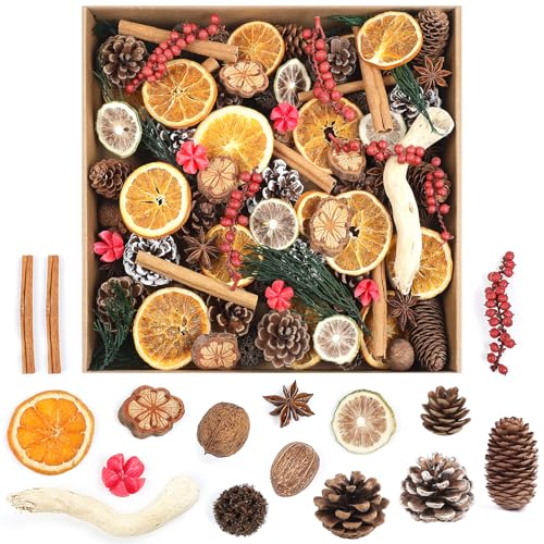 Larber 123PCS 16 kinds Christmas Pine Cone Potpourri Bowl Filler, Natural Pine Cone, Orange slices,Green pine and cypress branches, Lime Slices for Vase Filler Table Crafts wreath Xmas Home decoration