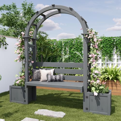 Merax Jardinière avec cadre d'escalade, treillis et banc, bac à fleurs en bois de sapin, bac à plantes pour jardin, cour et terrasse, jardinière...