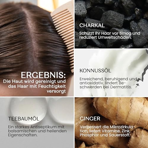 Senso Naturale Festes Shampoo Detox Reinigung Anti-Schuppen und Seborrhoisches Dermatitis für Fettiges Haar, mit Holzkohle, Tea Tree, Ingwer, Kokosnussöl 100% Natürlich und Vegan ph 4,5-5,0 – Bild 4