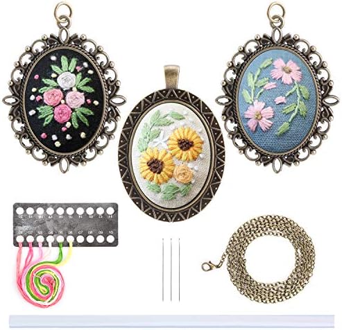 MWOOT 3 Pack Pendant Embroidery Starter Kit for Beginners,Retro Necklace Series Cross Stitch Tools for Necklace & Earrings & Hand Sewing Jewelry & Creative Gifts,Style A