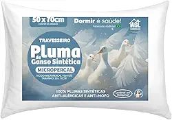 Travesseiro Pluma de Ganso Sintética, 50x70cm, Branco, Micropercal 200 Fios, Anti-Alérgico