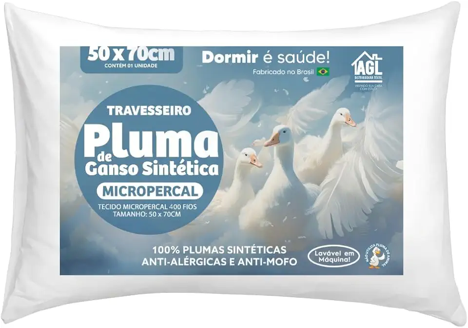 Travesseiro Pluma de Ganso 50x70 Micropercal 400 Fios Lavável Plumas Sintéticas Antialérgico Anti Mofo (1)