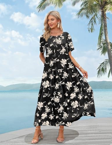 Image of YESNO Women Casual Loose Bohemian Floral Dress with Pockets Short Sleeve Long Maxi Summer Beach Swing Dress EJF