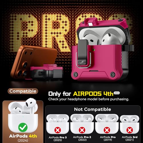 Image of Inesore for AirPods 4 Case with Secure Lock (Rose red) | Phone Stand Design,Compatible with MagSafe,Automatic Snap Switch Secure Cover with Cleaner Kit & Keychain