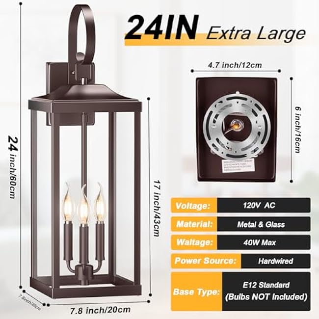 2 Packs 24 Extra Large 3-Light Outside Wall Light Fixture, Oil Rubbed Bronze Outdoor Porch Lantern Wall Mounted, Waterproof Modern Brown Outside Wall Sconce Coach Lamp for House, E12