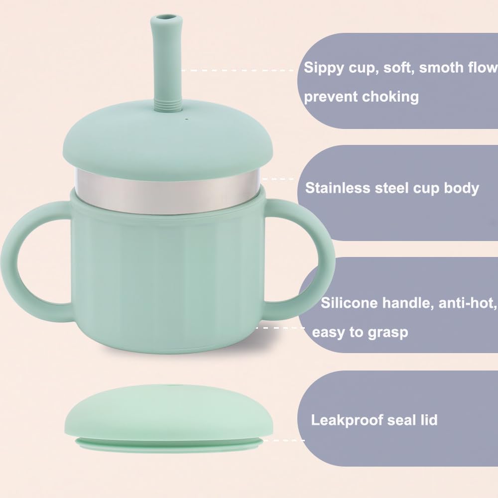 Baby Sippy Cup, Silicone Training Stainless Steel Kid Cups, Break Resistant Straw Lid Cup for Infants 6-12 Month Toddlers and 1-3 Year Kids, 7.4 Oz Water Drinking Cup (Green, 1pc) - Image 3