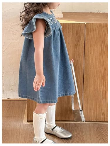 WDIRARA Toddler Girls Cute Floral Embroidery Ruffle Cap Sleeve Denim Short Dresses3