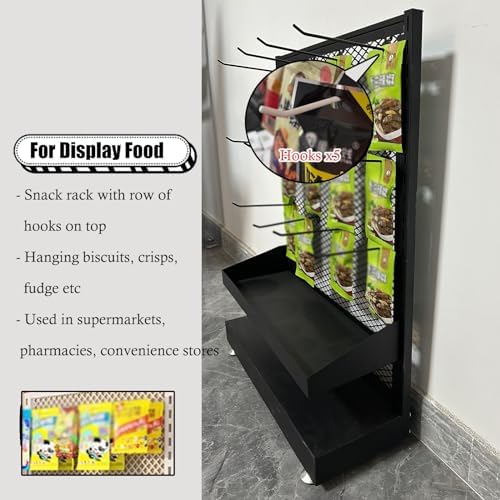 Retail Snack Display Shelf - Floor-Standing Food Rack with 5 Hooks & Non-Slip Mats for Grocery Store Organization, Perfect for Snacks, Treats, and Merchandising Solutions.
