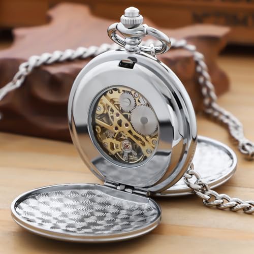 Image of Men's Mechanical Pocket Watch Black Rudder Pattern Double Open Hollow Roman Numerals Pocket Watch