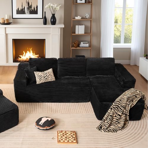 Image of HOOOWOOO Sectional L Shaped Couch,106 inch Assembly Free Modern Minimalist Sofa,Extra Deep Large Sofa Set,Corner Couch in A Box for Living Room(Right Chaise Black Velvet Uphosted)