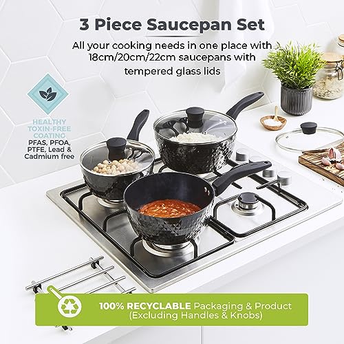 Tower Diamo 3 Piece Cookware Set, 18cm/20cm/22cm Saucepans with Tempered Glass Lids, Black Diamond Non-Stick Ceramic Coating, Black - Image 5