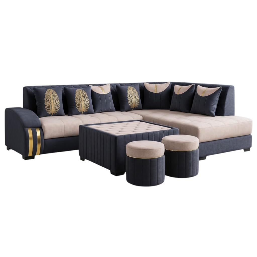 L Shape 7 Seater Sofa Set | Fabric Sectional Sofa with Centre Table & 2 Puffy Ottomans for Living Room (Grey & Cream)-image-12