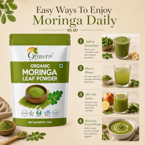 Image of Grenera Organic Moringa Leaf Powder 1 kg, Drumstick Leaf Powder, Pure Shigru for Healthy Life, Organic Certified, No Chemicals or Preservatives