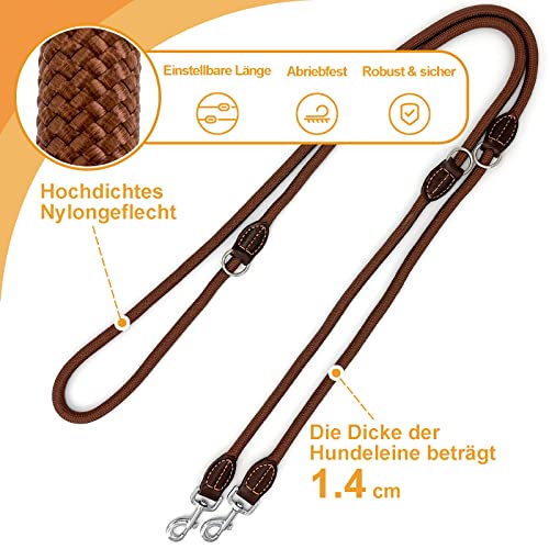 Hundeleine Doppelleine für Mittelgroße Große Hunde Führleine 3m Verstellbar mit 2 Karabiner Leine Hund Robust Nylon Dog Leash Multifunktionale Hundeleine 3 Meter lang x 1,4 cm Braun